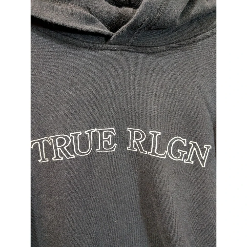 True Religion Mens Black Graphic‎ Hooded Pullover Hoodie Sweatshirt